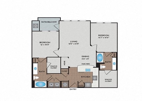 Floor plan for 2 beds, 2 baths, 1188 sqft